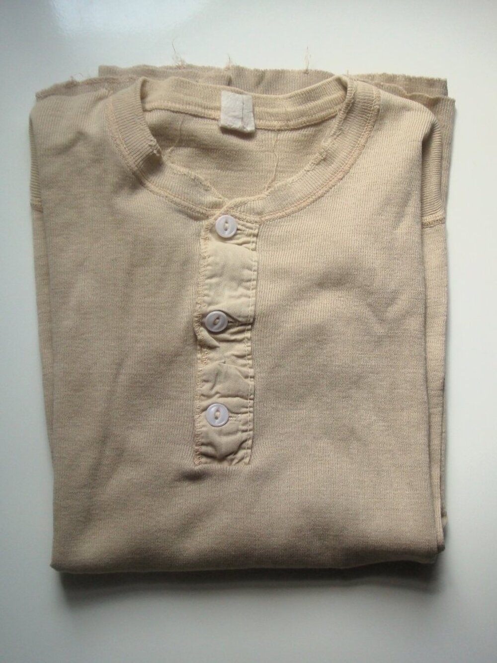 Vintage 80s Healthknit Henley Long Sleeve Khaki Worn Distressed Grunge Shirt